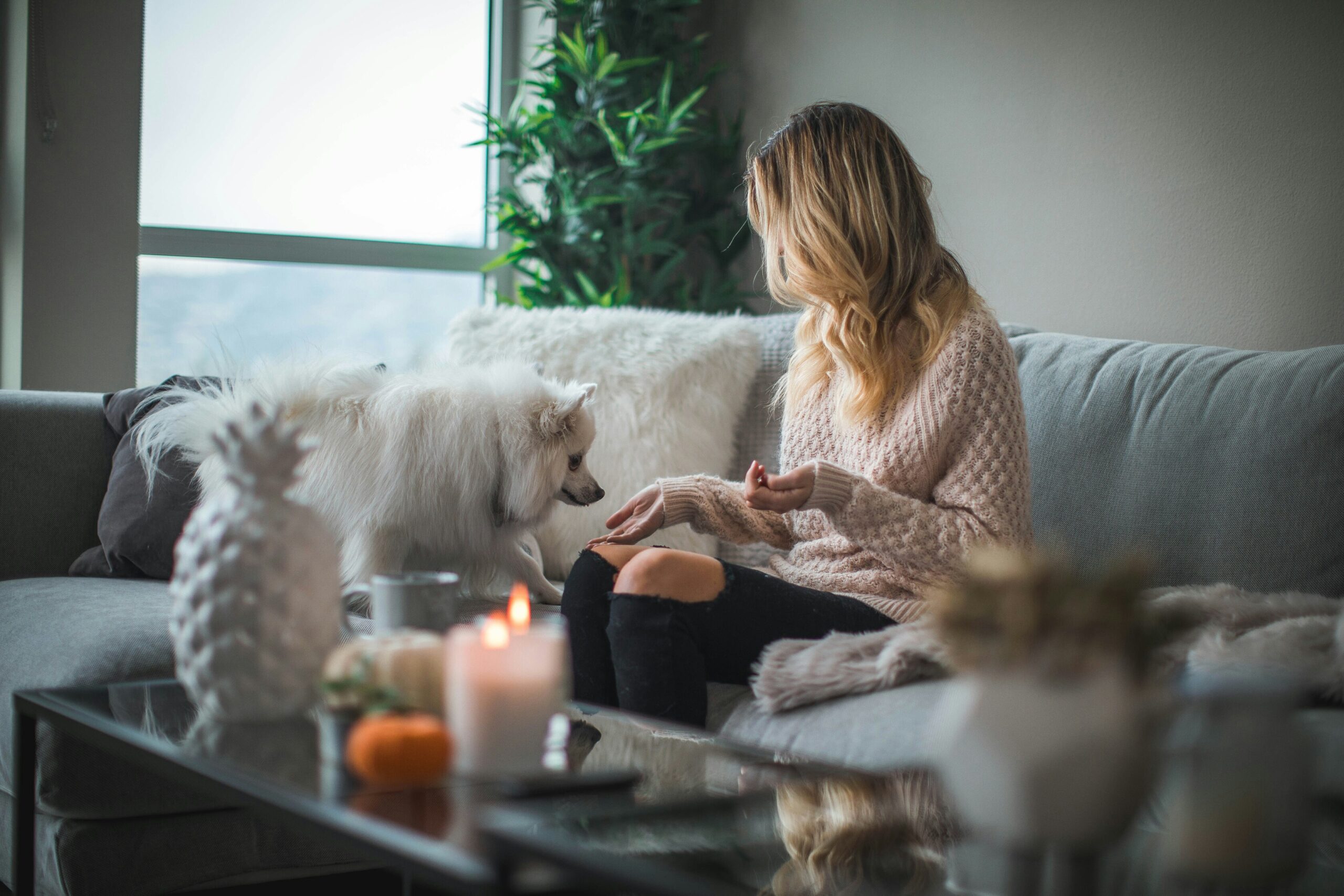girl relaxing home with dog